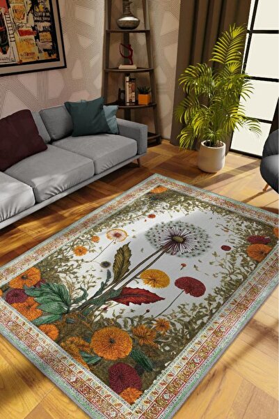 Homshtag Art Deco Karahindiba Vintage Halı Görünümlü Dijital Baskı Renkli Hal...