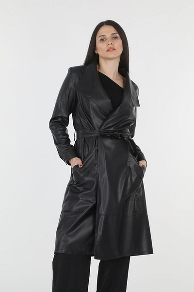 le mardi Belted Faux Leather Black Women's Trench Coat