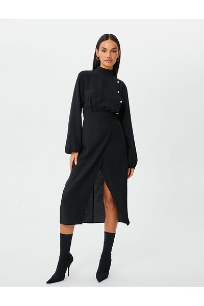 Koton Rochie midi cu mânecă lungă, cu nasturi, drapată, cu fantă, viscoză
