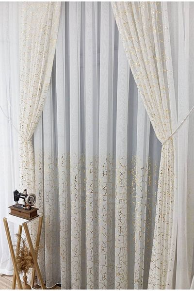 farbateks Olympos Gold Gold Leaf Color New Fashion Right/Left Suit Tulle Background Curtain