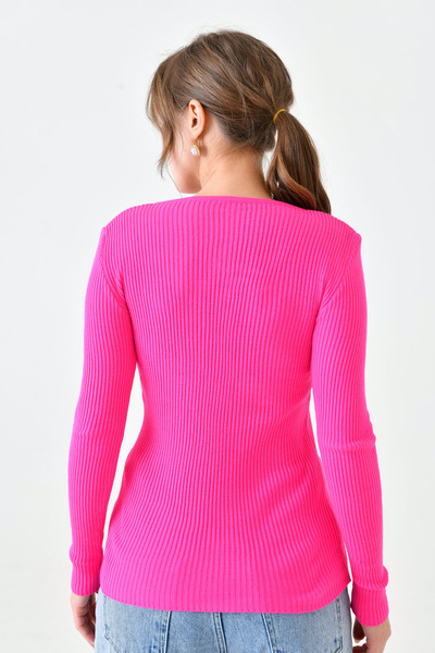 WOMAN VISION Pulover de damă, roz fucsia, cu decolteu în V, cu lanț, tricotaj, 0163