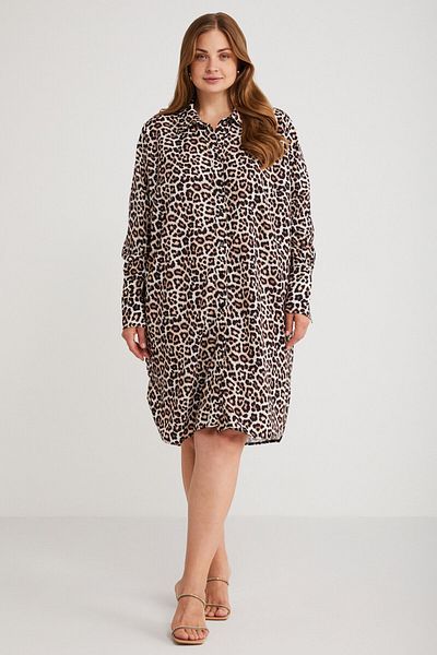 ETHIQUET Safarı Women's Large Size Shirt Collar Button Detail Long Sleeve Leopard Print Dress