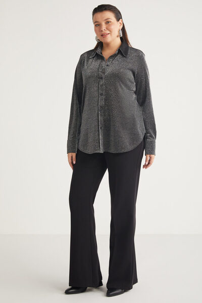 ETHIQUET Sharonbb Women's Glitter Fabric Cuff Detail Long Sleeve Gray Large Size Shirt