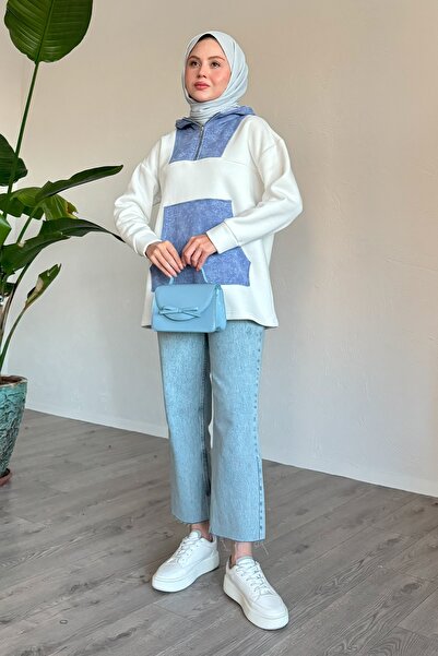 InStyle Kanguru Cepli Kapüşonlu Beyaz Sweat