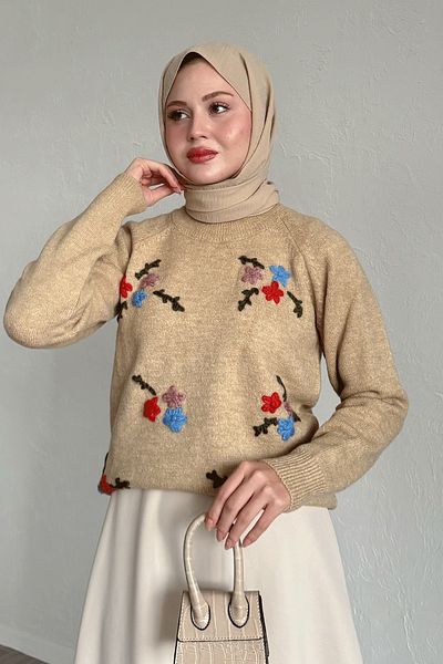 InStyle Camel Soft Sweater - Floral Embroidered