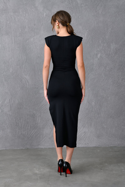 bayansepeti Dámský design s rozparkem z pružné látky s dvojitým výstřihem a výstřihem s vycpávkou bez rukávů, černé večerní šaty midi 5031