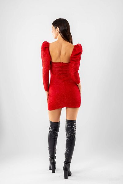 Bak Moda Red Mini Dress with Balloon Sleeve Glops and Glitter Detail