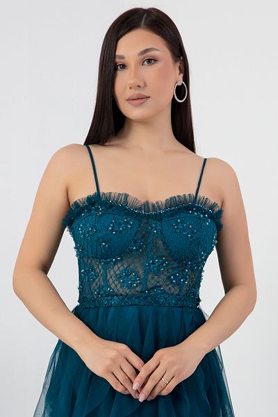 PULLIMM Beading Detail Straps Tulle Dress Ecr5034