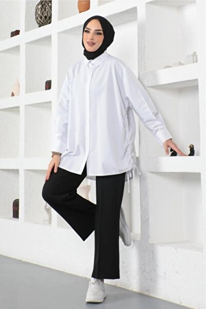 fashion hunter Beyaz Yanları Büzgülü gömlek