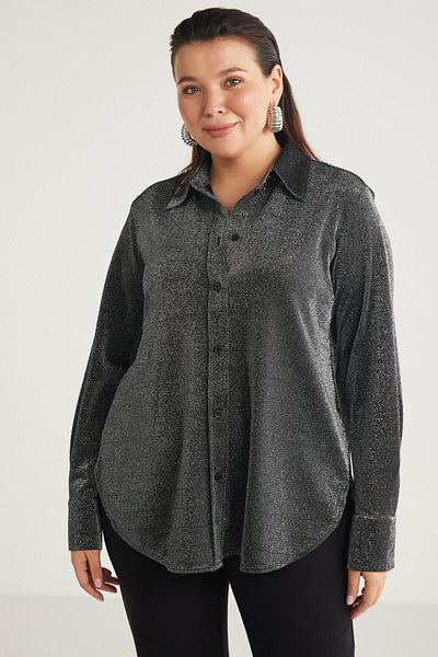 ETHIQUET Sharonbb Women's Glitter Fabric Cuff Detail Long Sleeve Gray Large Size Shirt