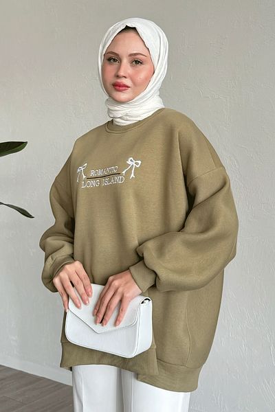 InStyle Khaki Color Bow Patterned Sweatshirt
