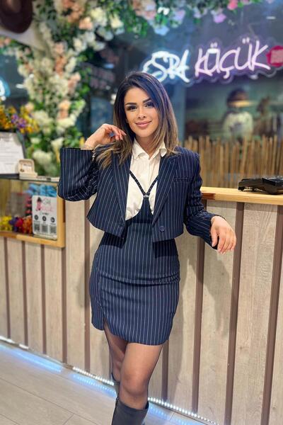 Eswomes بدلة جيليه بوليفيسكون مخططة باللون الأزرق الداكن