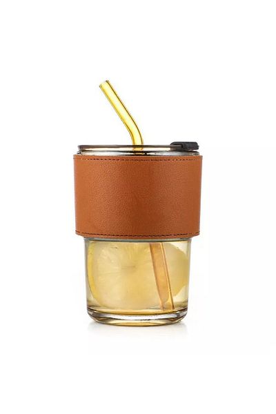 Gift Moda Colorful Glass Mug with Leather Accessories