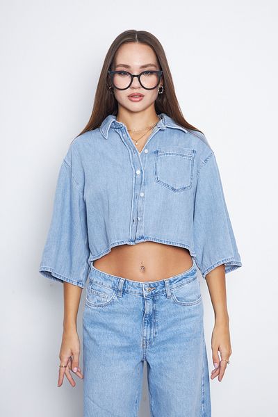 Kutaf Cămașă de jeans din denim cu mânecă lungă, crop albastră