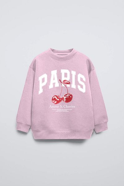 The Champ Clothing Hanorac supradimensionat pentru copii, cu imprimeu cu cireșe, cu gât roz, Paris