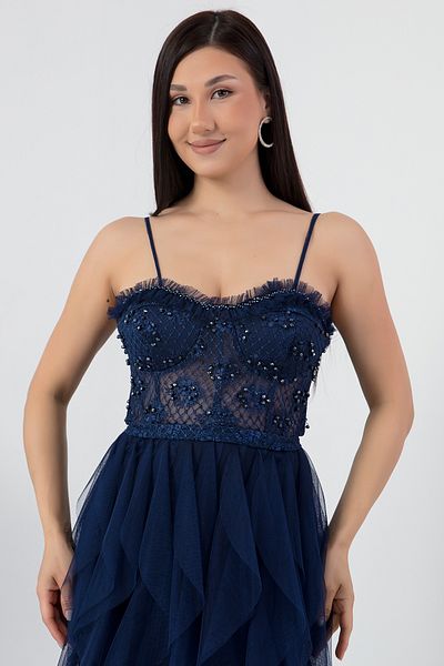 PULLIMM Beading Detail Straps Tulle Dress Ecr5034