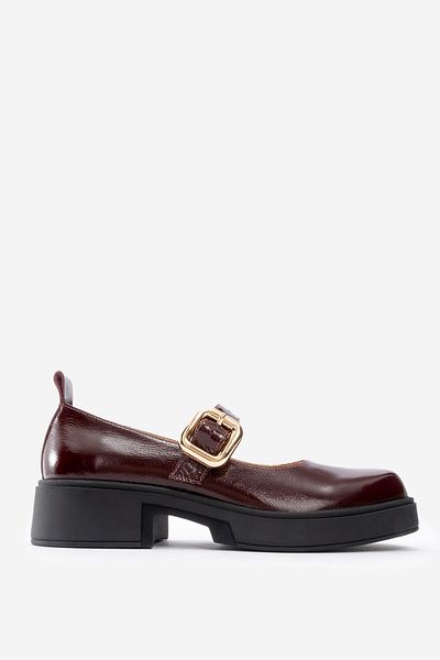 Dericlub Burgundy Mary Jane Casual Women's Shoes - Chunky Heel, Single Strap, Buckle Real Patent Leather Rc 4444