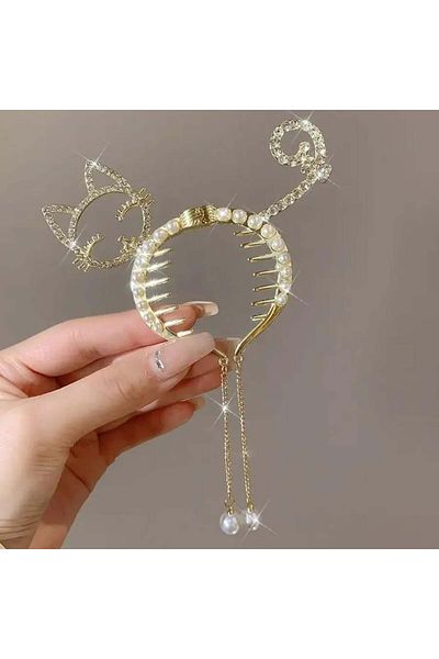 So Much Accesories So Much Women's New Season Pearl and Stone Detailed Cat Figured Bun Buckle
