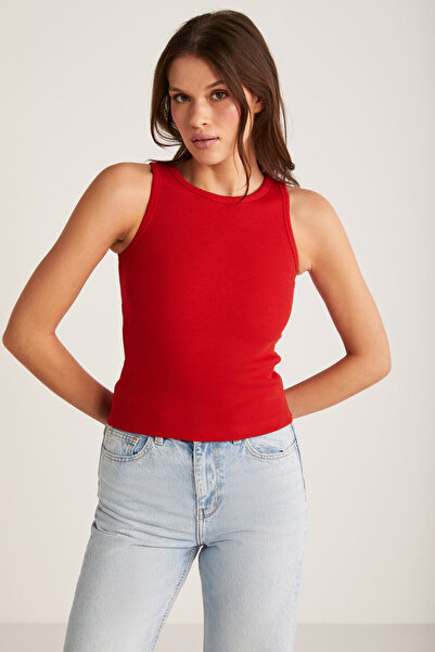 ETHIQUET Modest Selena Kadın Regular Fit Normal Kalıp Kalın Askılı Sıfır Kollu Örme Kırmızı Atlet