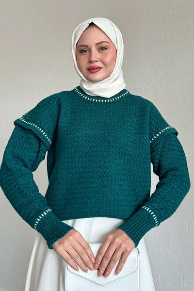 InStyle Petrol Green Raised Piping Detailed Sweater