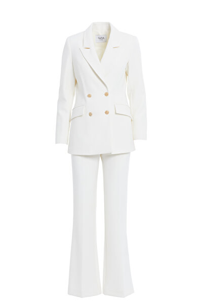 GİZİA Gold Düğme Detaylı Vücuda Oturan Ekru Kruvaze Takım