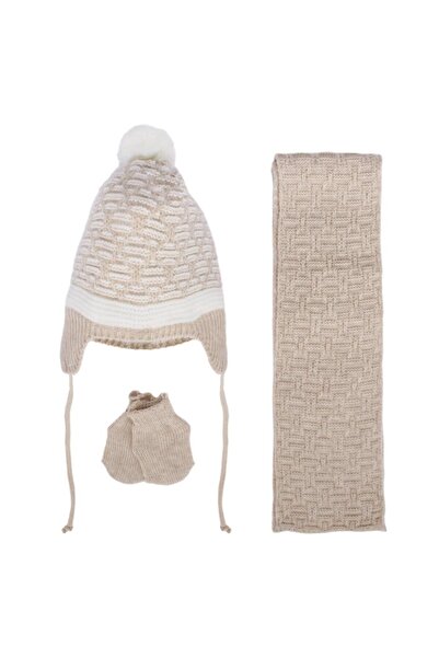 bebegen Unisex Brown White Mixed Line Patterned Knitwear Scarf Beanie Set