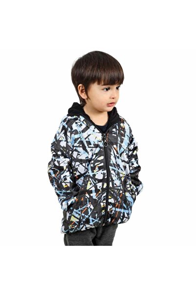 bebegen Boy's Gray Blue Mixed Patterned Fleece Raincoat
