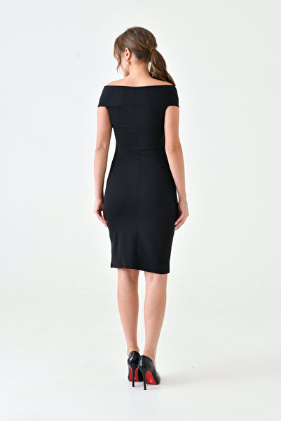 WOMAN VISION Černé dámské šaty midi délky z elastické látky - 5038