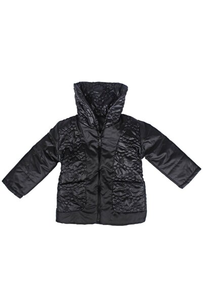 bebegen Girl's Black Elastic Waist Self Patterned Inflatable Coat