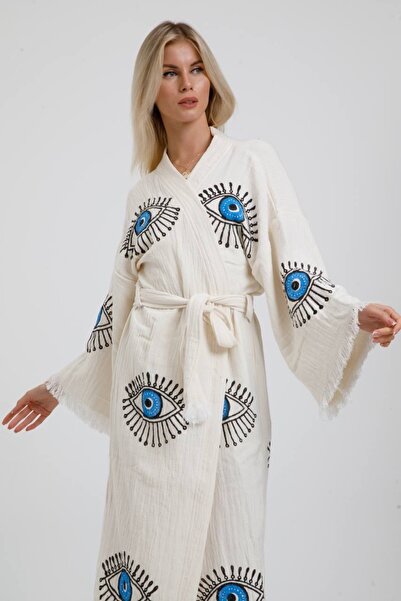 Elif Towels Ecru Color Stone Print Kimono Kaftan