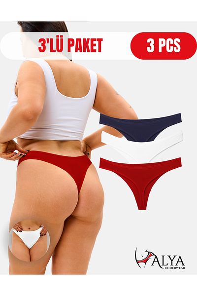 ALYA UNDERWEAR Women's Cotton Thong Panties - String Underwear Navy Blue, Red, Ecru - 3 Pieces
