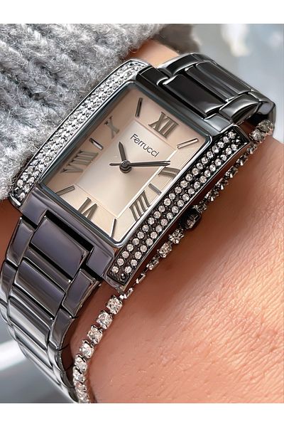 Ferrucci Steel Cord Stone Motif 3 Atm Waterproof Women's Wristwatch + Bracelet with Gift