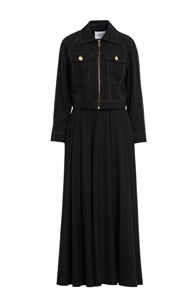 GİZİA Fermuarlıi Kısa Ceket Ve Uzun Volanlı Etekli Siyah Takım