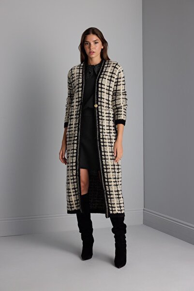 JOIN US Simli Kareli Tek Düğmeli Siyah Maxi Triko Kaban