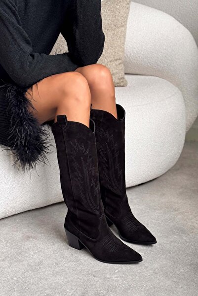 NİŞANTAŞI SHOES Czarne, oryginalne zamszowe, haftowane, wzorzyste, damskie, grube, obcasowe buty Dallas