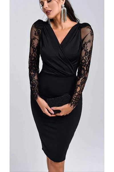 Kokosh moda Γυναικείο μακρυμάνικο κρεπ φόρεμα με λεπτομέρεια από τούλι