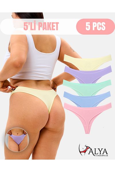 ALYA UNDERWEAR Women's Thong Panties Cotton String Underwear - 5 Different Colors in One Pack