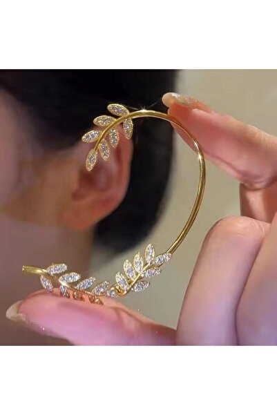Pelin Aksesuar Gold Taşlı Yapraklı Kulak Aksesuarı