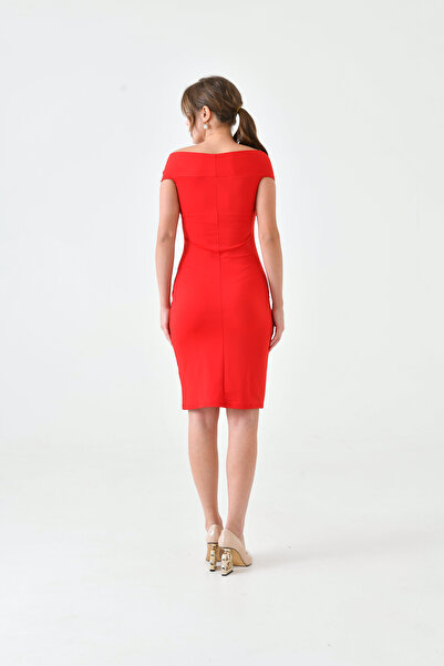 WOMAN VISION Női rugalmas búvárszövet, rövid ujjú Midi hosszúságú piros ruha 5038