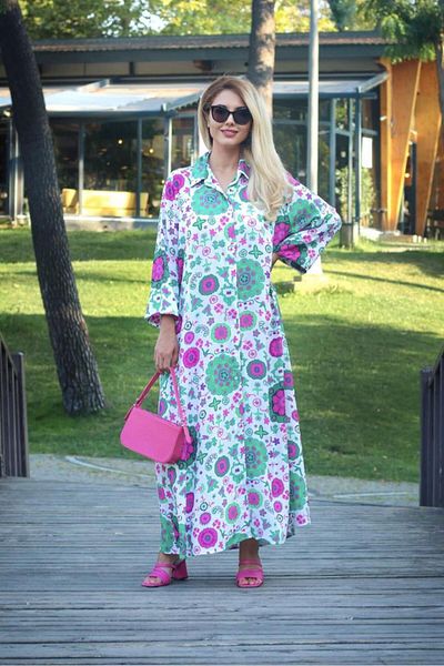 Ritnice Prive Women's Summer Pink Green Print Long Tunic Dress