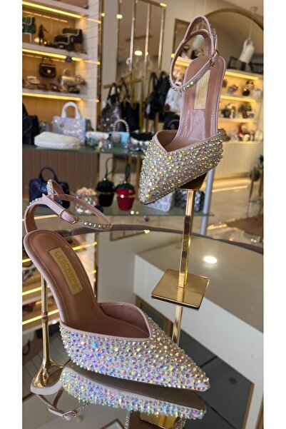 lescarpe Kadın Saten Hologram Taş Altın Ökçe Ayakkabı