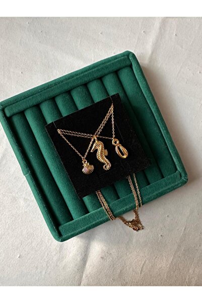 MİOSA %100 Çelik Altın Kaplama Deniz Atı/Deniz Kabuğu Üçlü Kolye Seti