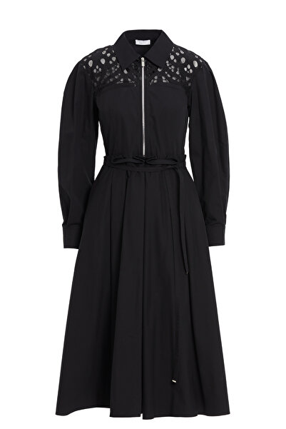 Shirt Collar Zippered Black Midi Dress