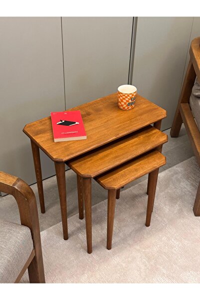 Trihome Ceviz Masif Doğal Ahşap Zigon Sehpa 3'lü Set, Modern Masif Yan Sehpa