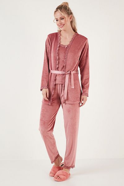 Lela Soft Textured Lace Velvet Pajamas and Dressing Gown Set - Regular Fit 6095545