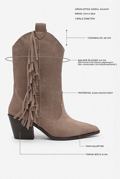 NİŞANTAŞI SHOES Champ tmavě béžová pravá semišová kůže detail střapce Dámské Dallas boty na silném podpatku