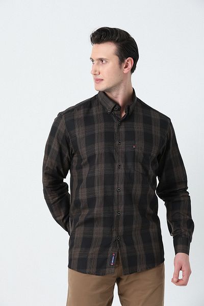 Brothers Ανδρικό πουκάμισο Comfort Fit μακρυμάνικο μονό τσεπάκι πλυμένο καρό πουκάμισο μαύρο-μπλε