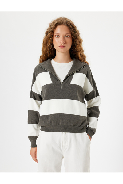 Koton Strickpullover – halber Reißverschluss, lange Ärmel, Farbblock
