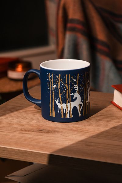 Love Bundles Navy Blue Ceramic Christmas Cup Decorated with Snowflakes and Deer |   Gift |   New Year's |   Decorative