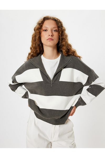Koton Strickpullover – halber Reißverschluss, lange Ärmel, Farbblock